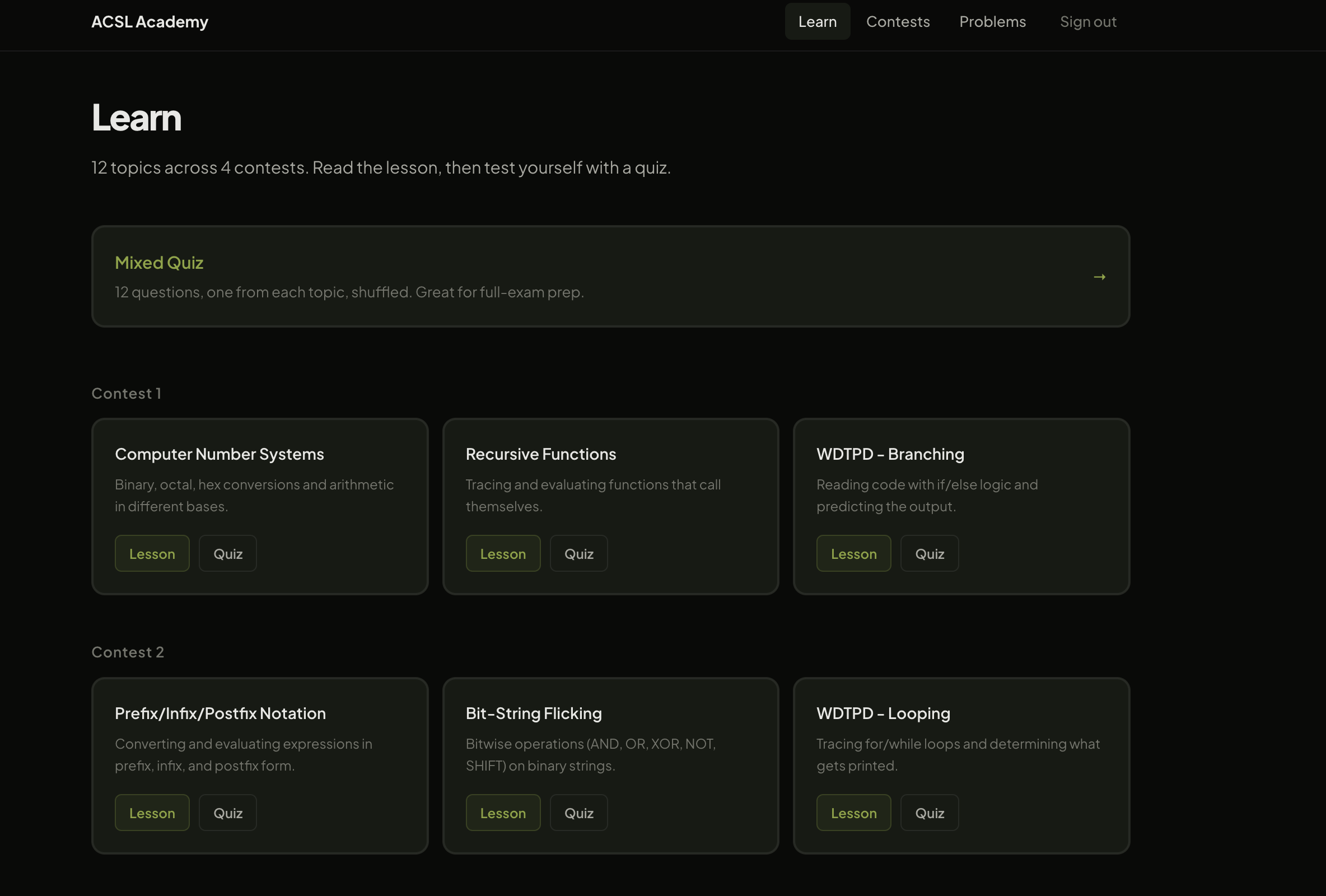ACSL Academy screenshot showing lesson cards and quiz interface