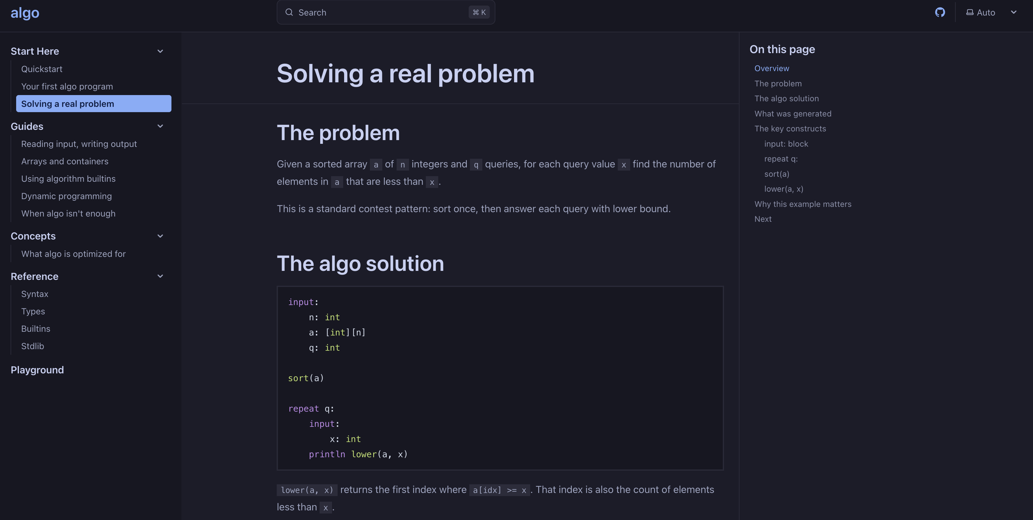 algo screenshot showing the language site and compiler interface