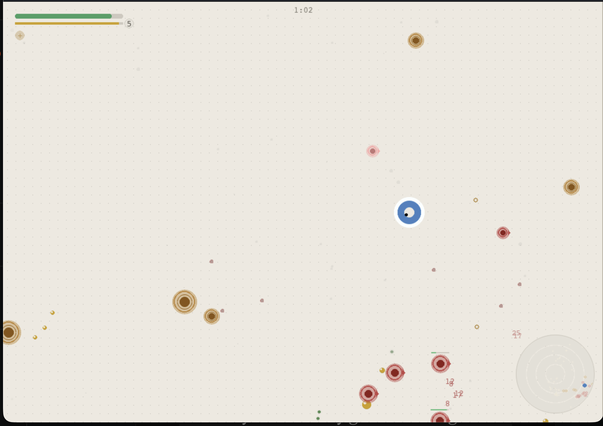 Microcosm gameplay screenshot showing the player surrounded by enemy waves, projectiles, and combat effects