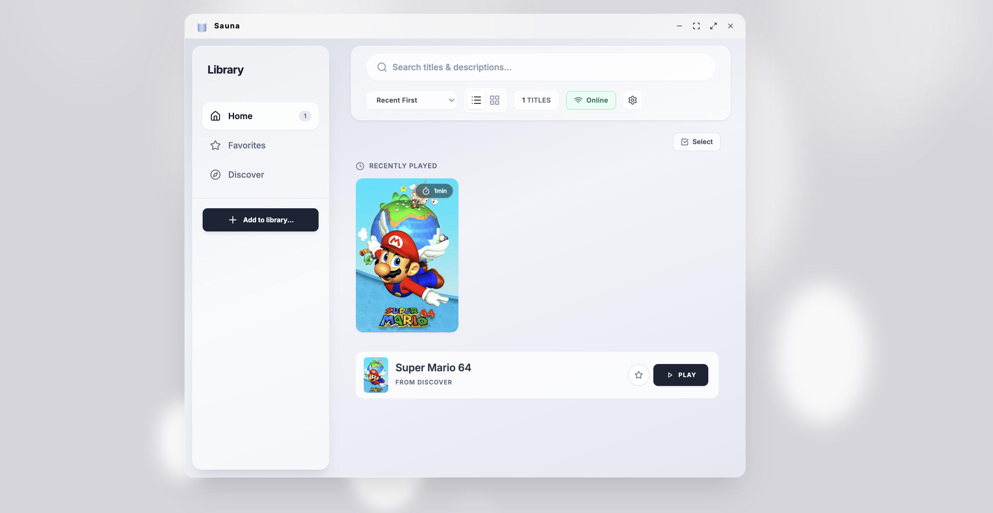 Sauna screenshot showing the browser-based game library interface and windowed app layout