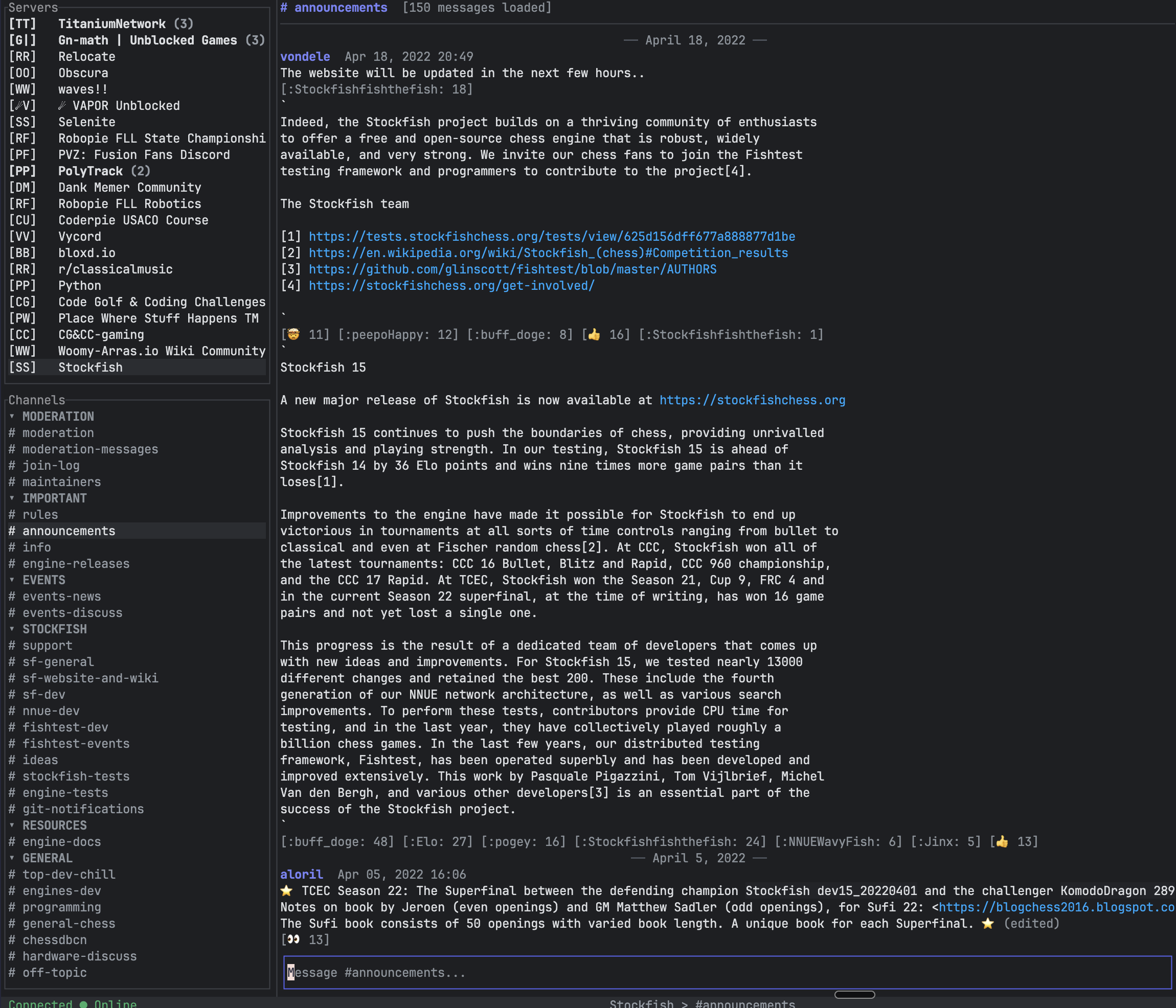 tiscord TUI showing a Discord server with channels, messages, and inline images