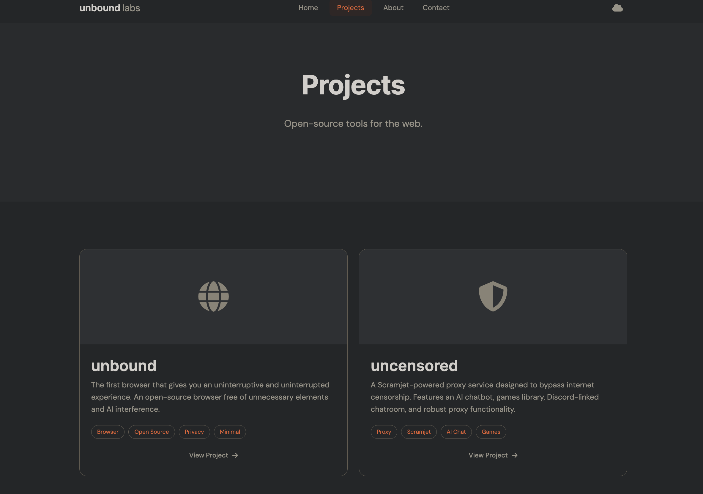 Unbound Labs browser screenshot showing the product interface, navigation, and browsing surface